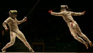 Sada Jacobson and Xue Tan fencing at the Orleans Grand Prix