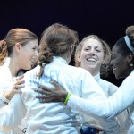 Susie Scanlan and the women's epee team after defeating Italy