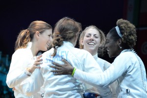 Susie Scanlan and the women's epee team after defeating Italy