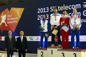 Congratulations to medalists Andrea Cassara (ITA - Gold), Erwan Le Pechoux (FRA - Silver), Li Hua (CHN - Bronze), and Julien Mertine (FRA - Bronze) at the 2013 SK Telecom Men's Foil World Cup in Seoul, Korea on Saturday. Photo:fencingphotos.com