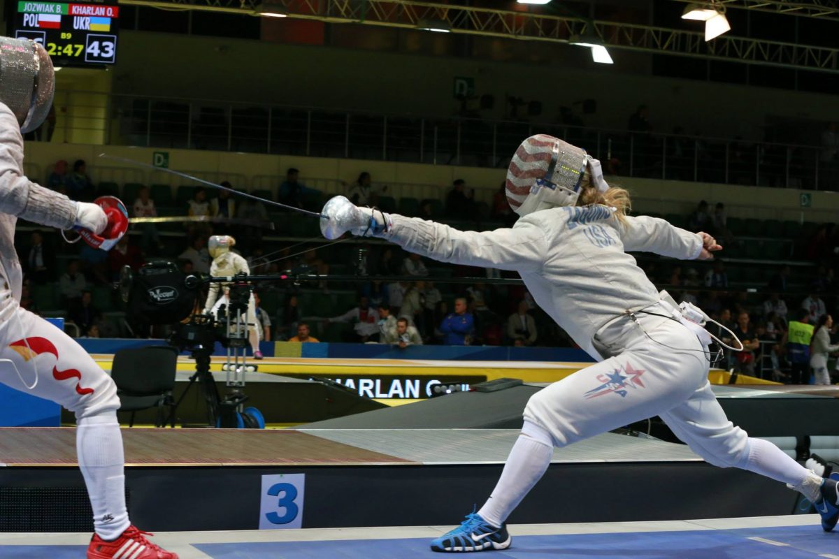 Mariel Zagunis fencing at 2014 World Championships Team Sabre event