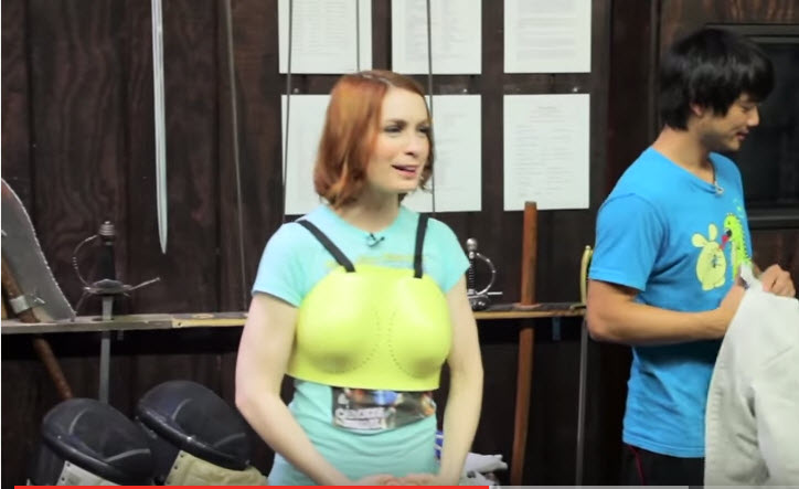 Felicia Day getting dressed for fencing