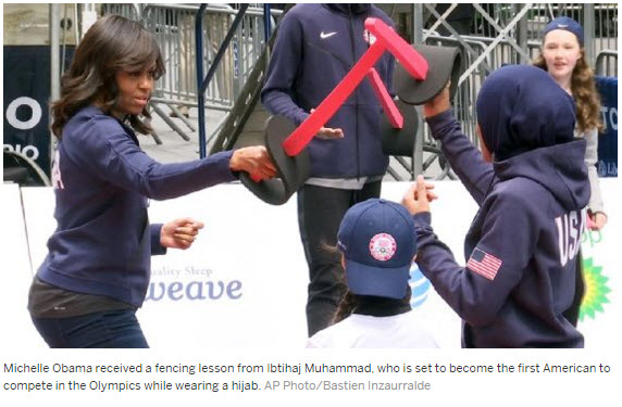 Michelle Obama took a fencing lesson from Ibtihaj Muhammad