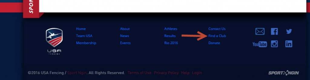 The "Find a Club" link in the footer of the new US Fencing site
