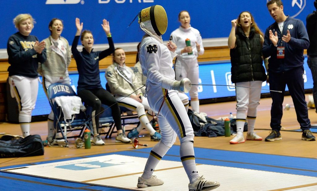 Notre Dame's Marie Ann Roche reacts to winning her epee bout at the ACC Men's and Women's Fencing Championships